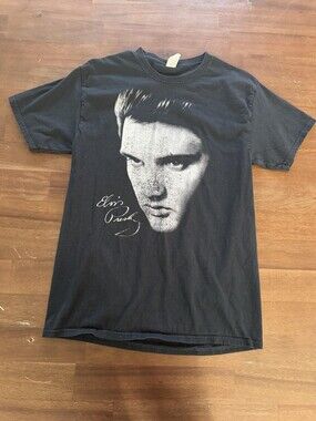 Elvis Presley Shirt Mens Medium Black Graphic Portrait Signature Music Tee